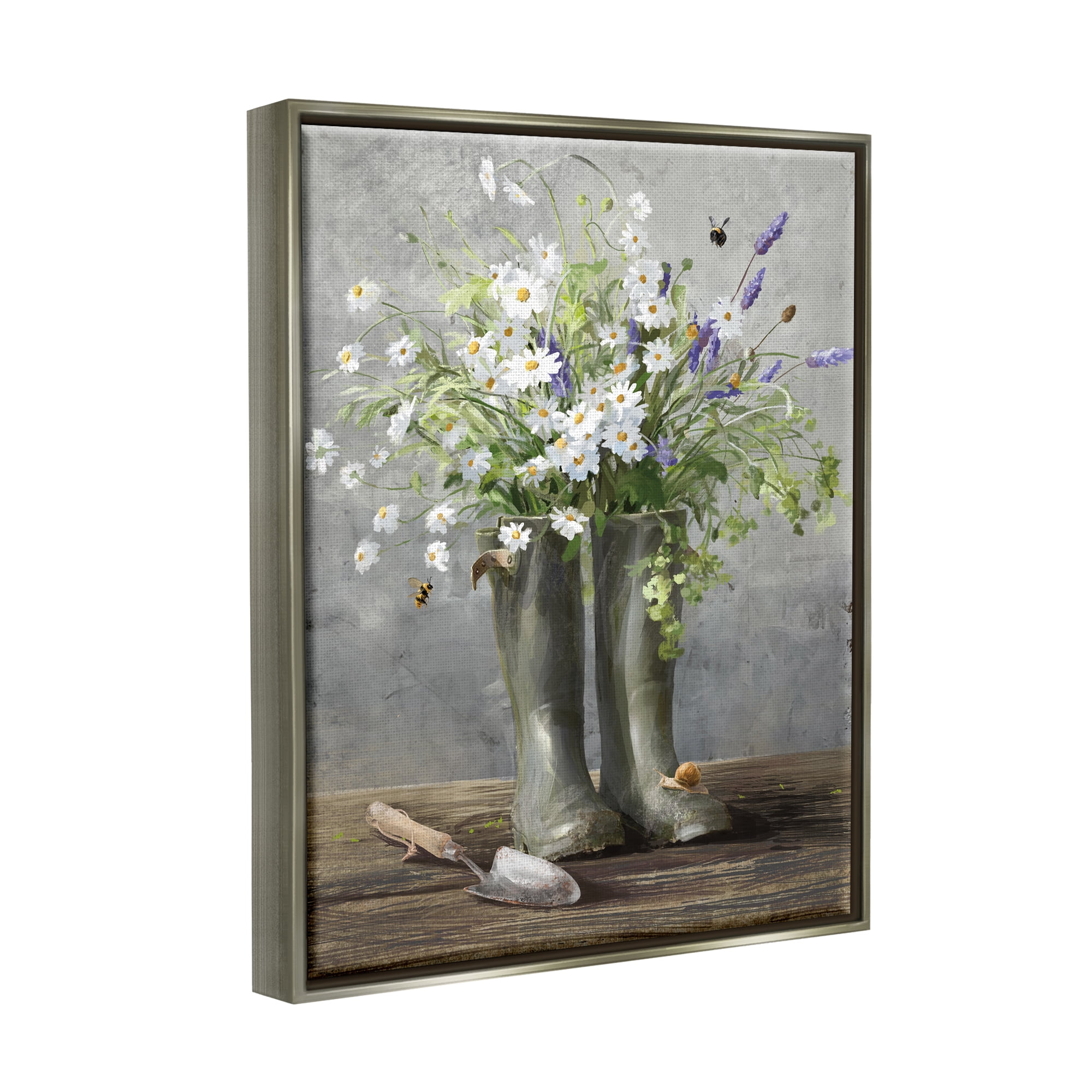 Stupell Industries Gardening Boots Bouquet Botanical & Floral Painting Gray Floater Framed Art Print Wall Art, 25 x 31