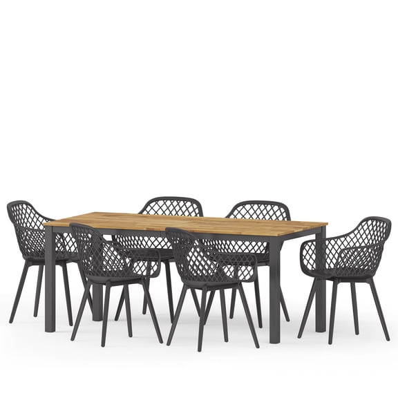 Abram Wood and Resin Outdoor 7 Piece Dining Set, Black and Teak