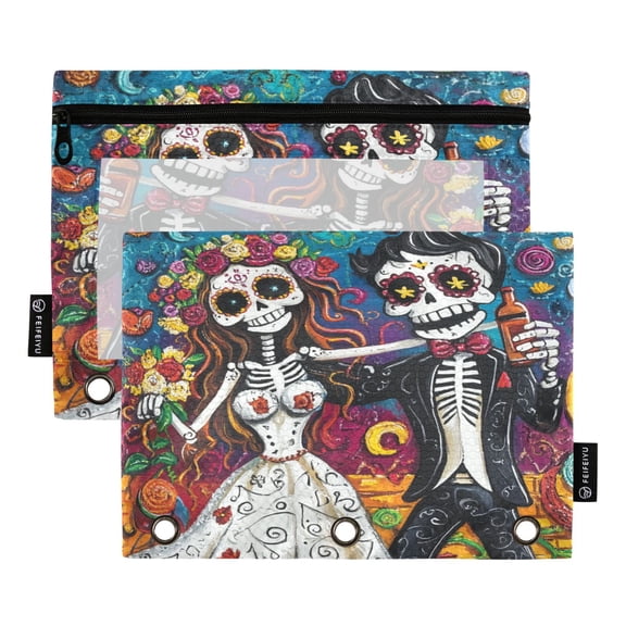 2 Pack 3 Ring Binder Pouch with Clear PVC Window Water Resistant Zipper Pencil Pouch Colorful Skeleton Wedding Pair Binder Pocket for Classroom Office Home Stationery Organization