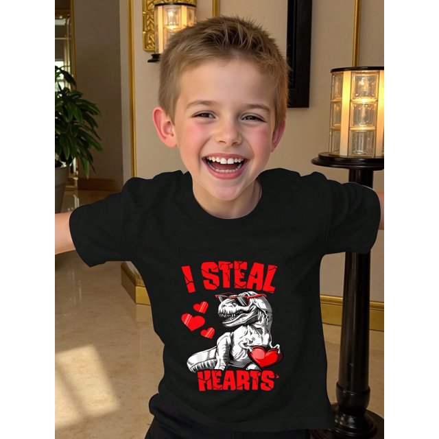 Young Boy Valentine's Cool Heart Dinosaur Print Casual T-Shirt