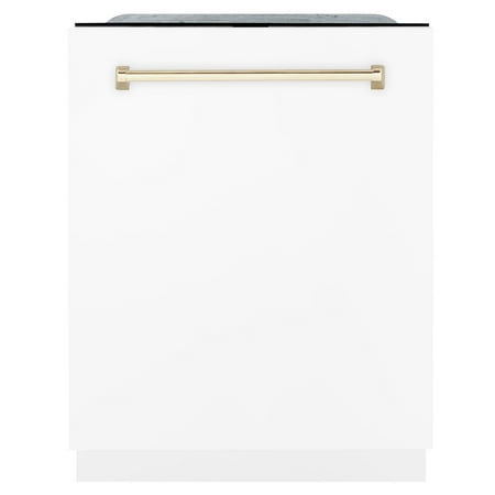ZLINE Autograph Edition 24" 3rd Rack Top Touch Control Tall Tub Dishwasher in White Matte with Gold Handle, 45dBa (DWMTZ-WM-24-G)