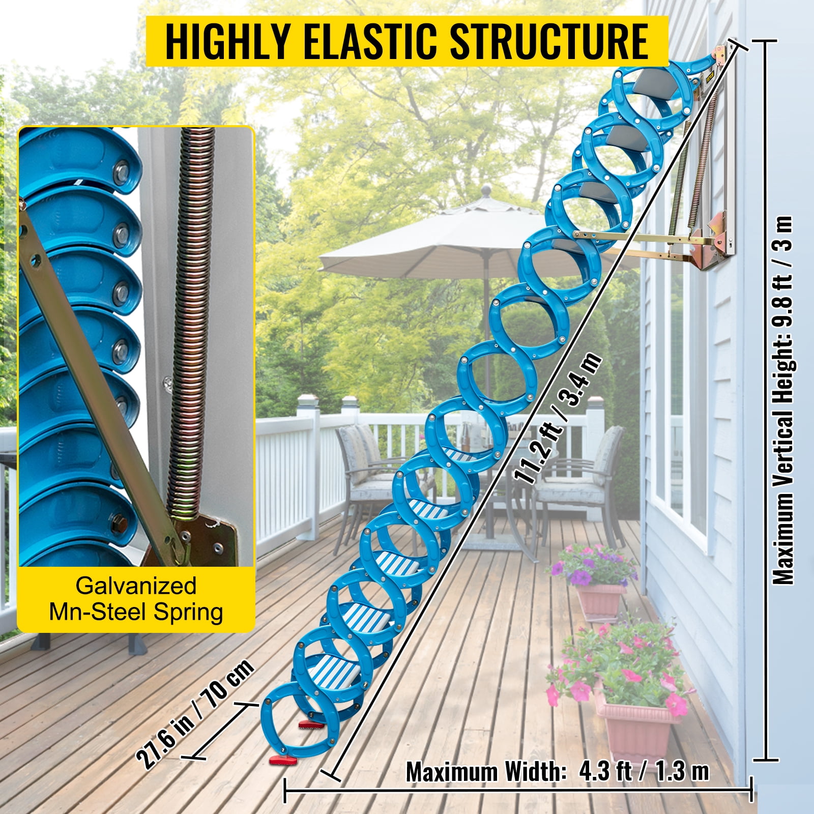 VEVORbrand Attic Steps Pull Down 12 Steps Attic Stairs, Alloy Attic Access Ladder, Pulldown Attic Stairs, Wall-mounted Folding Stairs For Attic, Retractable Attic Ladder With Armrests, 9.8 Feet Height