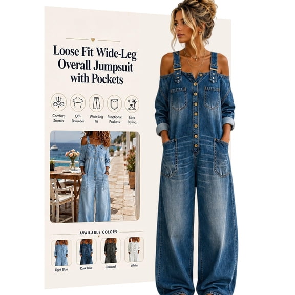 Loose Fit Wide-Leg Overall Jumpsuit with Pockets, Off Shoulder Denim Women Button Front Stretch
