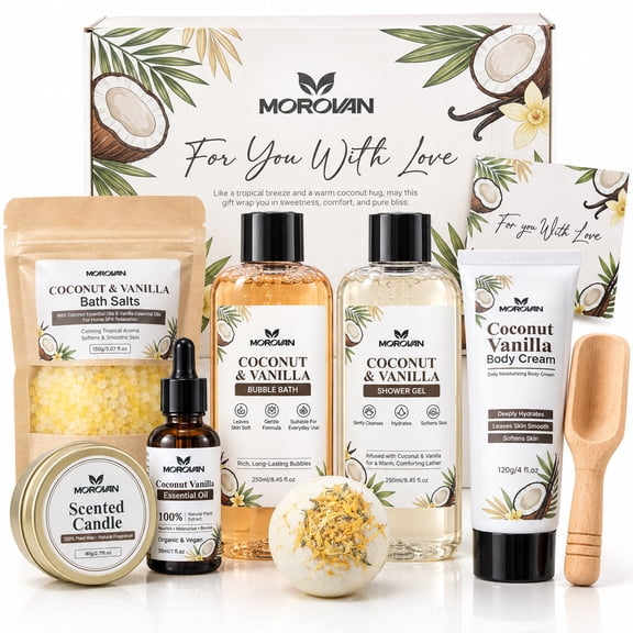 MOROVAN Coconut Vanilla Bath Gift Set Moisturizing Relaxing Body Care for Women 7 Piece Set