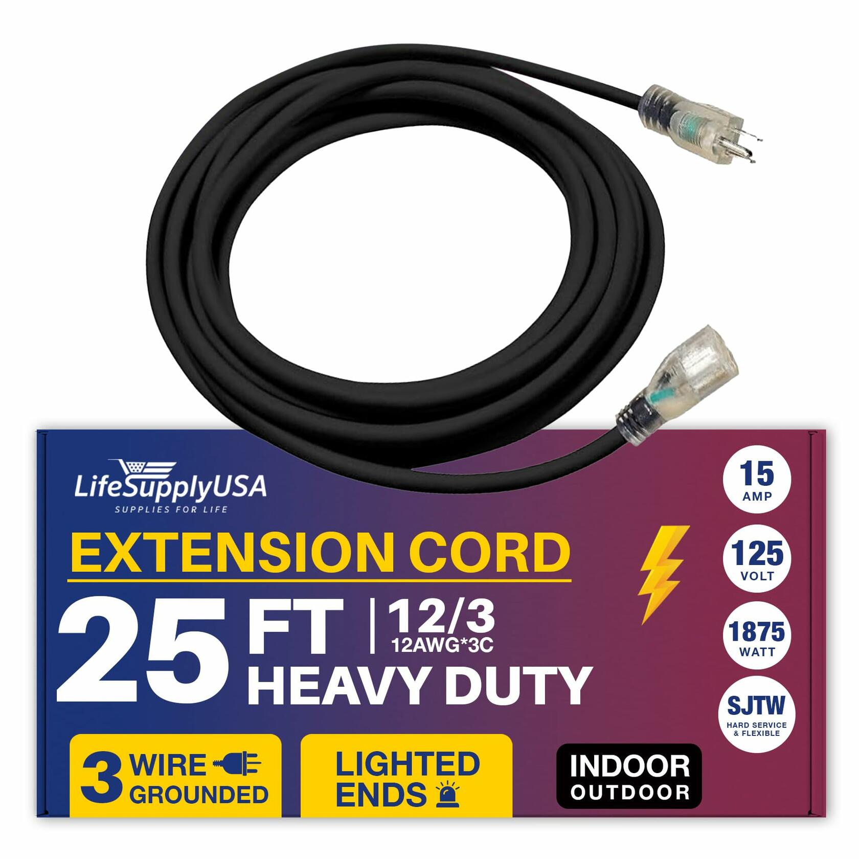 25ft Outdoor/Indoor Extension Cord 12/3 Gauge Extra Heavy Duty 3 Prong SJTW, Waterproof, Flexible Cold-Resistant Long Power Cord,125 Amp 1875W, Yellow by LifeSupplyUSA