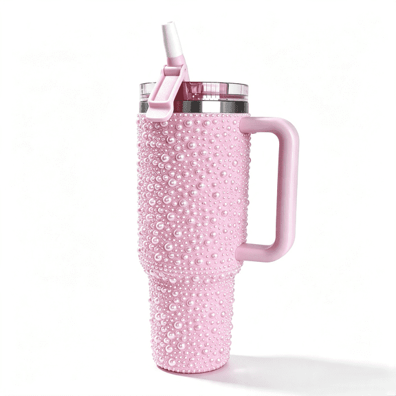 40oz Pink Rhinestone Tumbler with Handle & Straw, Vacuum Insulated Stainless Steel Water Bottle, Leakproof Travel Mug for Women Gym Office Outdoor