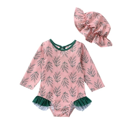 

allshope Kid Girls Romper Swimsuit Long Sleeve Round Neck Floral / Leaf Beach Pool Bodysuit Swimwear Short Romper + Hat