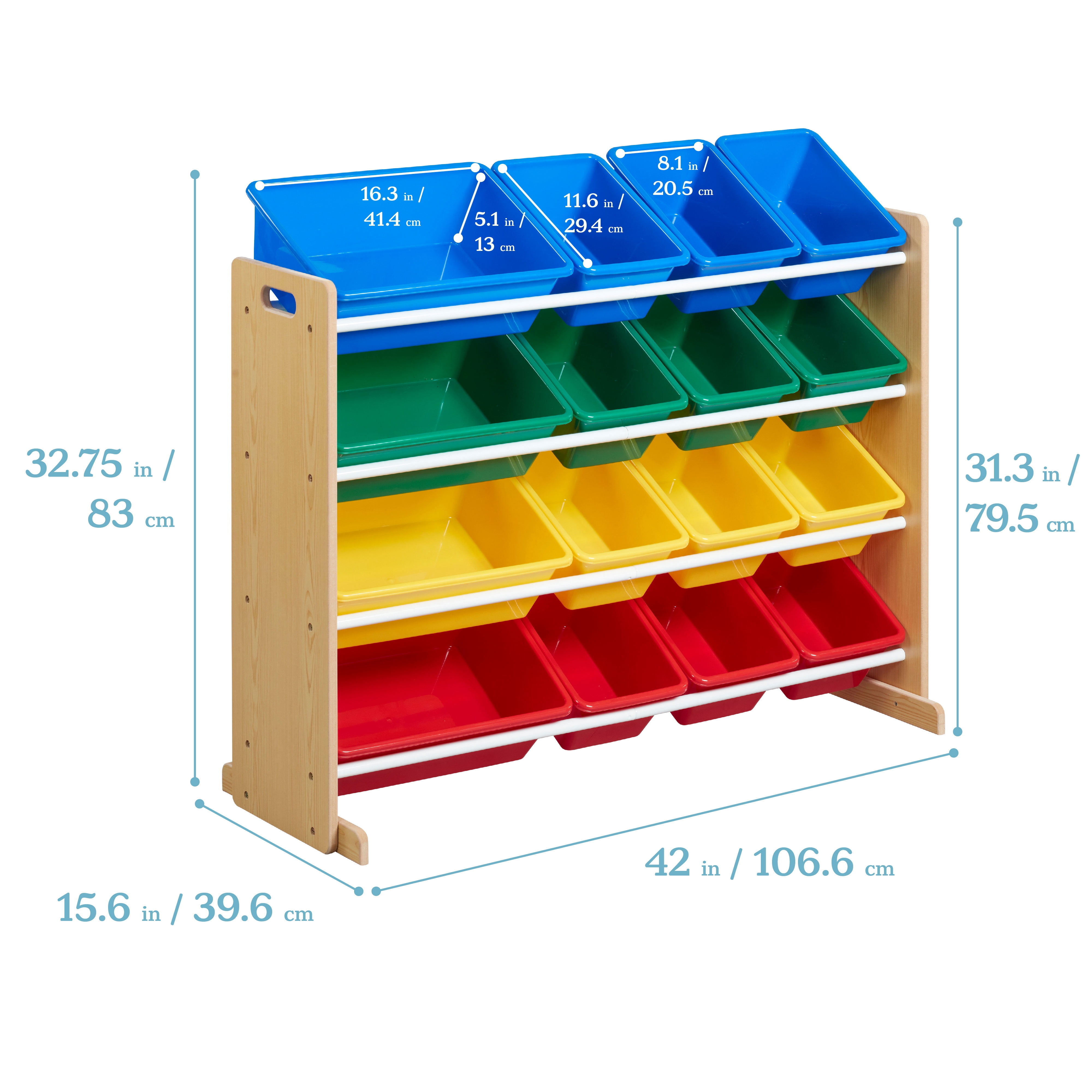 ECR4Kids 4-Tier Organizer with 16 Removable Plastic Bins, 4x4, Toy Storage, Natural/Primary