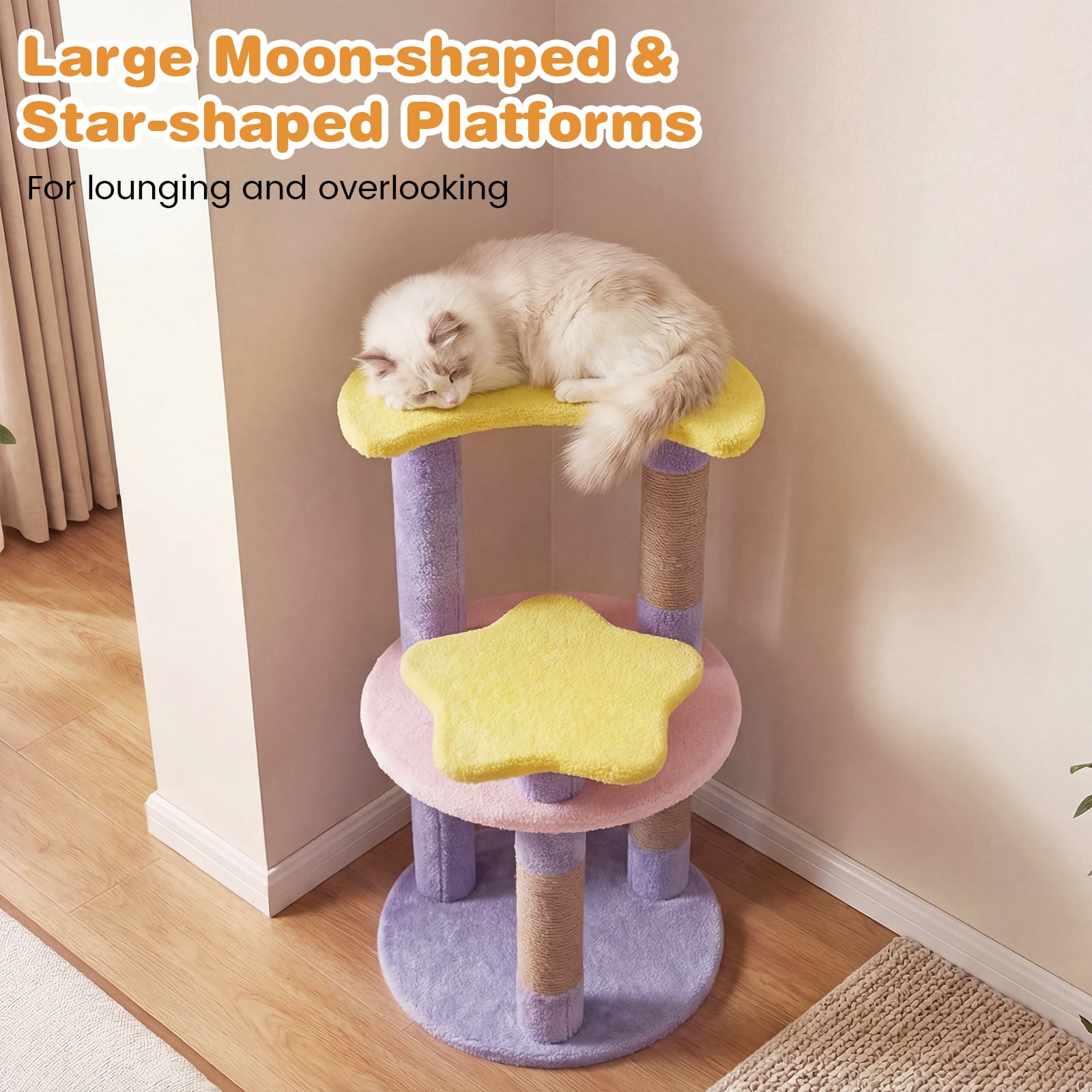 Costway 29” Cute Modern Cat Tree with Star & Moon Shaped Platforms, Jute Scratching Posts Purple