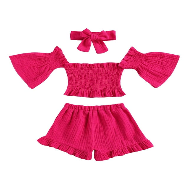 Hauts à Épaules Dénudées pour Filles Manches Évasées Shorts à Volants Bandeau Nœud Papillon
