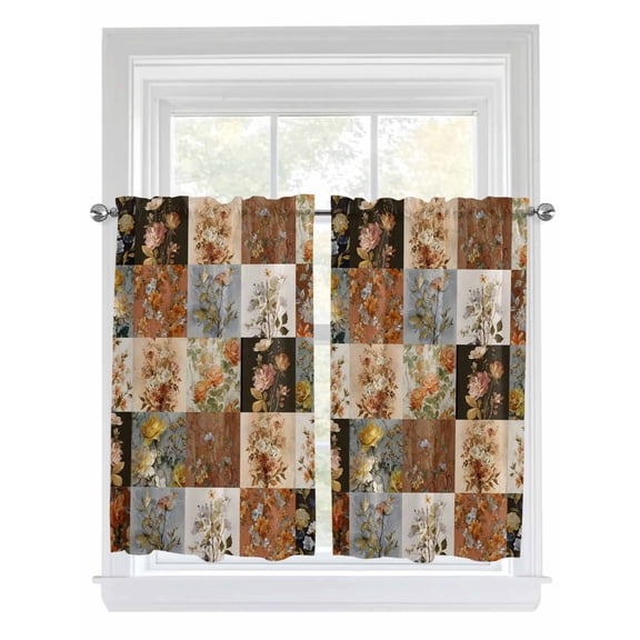 Floral Patchwork 2 Panel Kitchen Curtains for Windows, Vintage Country Geometric Flower Bathroom Privacy Curtain, Home Décor Window Treatment for Bedroom/Living Room 55"x45"