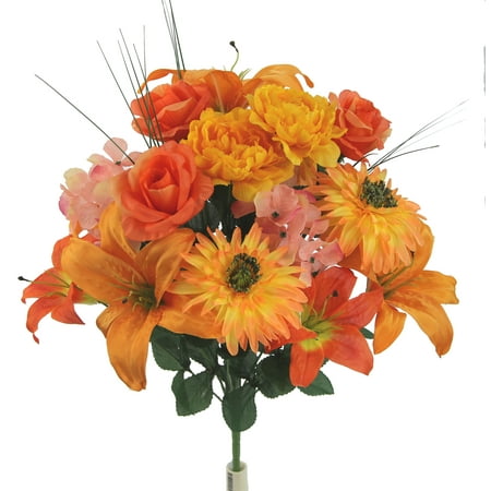 Faux Hydrangea Flowers Admired By Nature 18 Stems Faux Full Blooming Lily, Peony, Hydrangea and Small Lily with Greenery Mixed Flower Bush, Coral Mix ()
