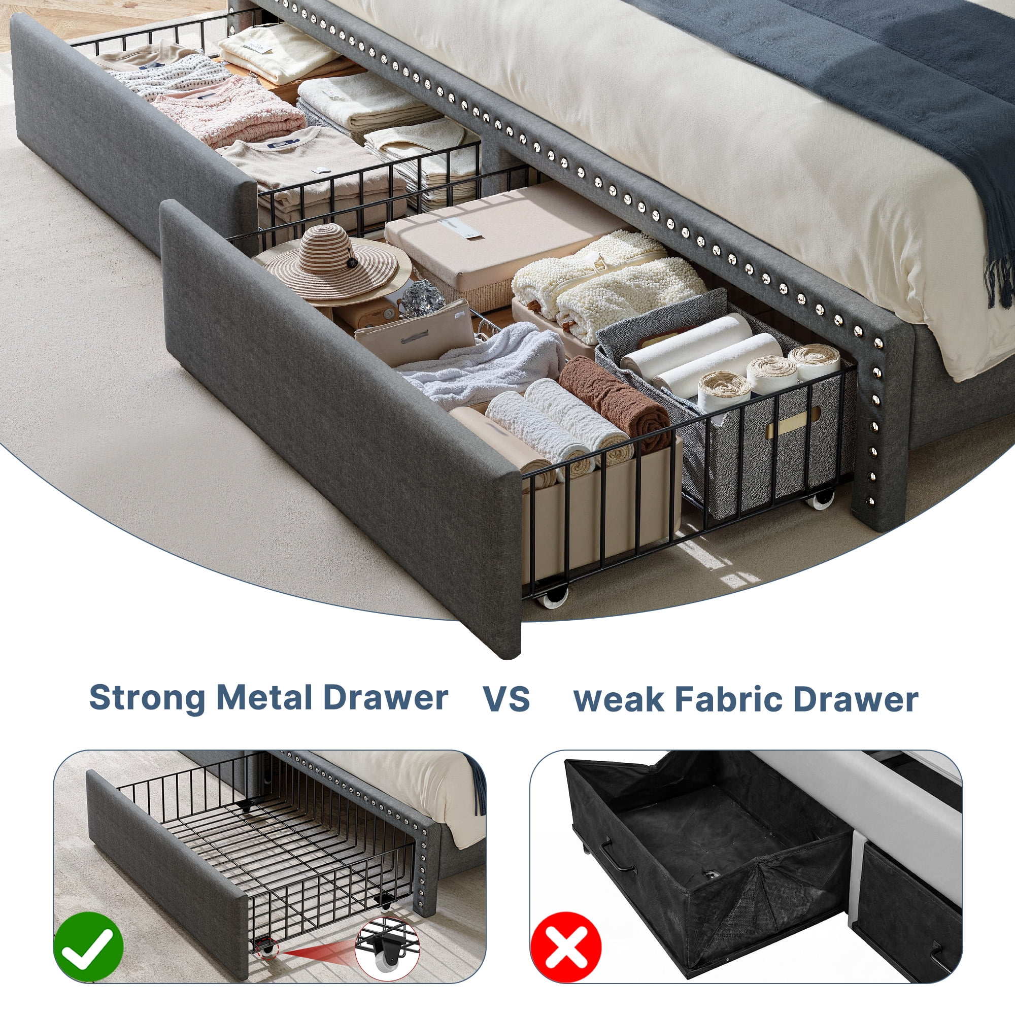 Queen Size Bed Frame with Headboard Bed Frame with 2 Drawers Bed Frame with Storage,Gray