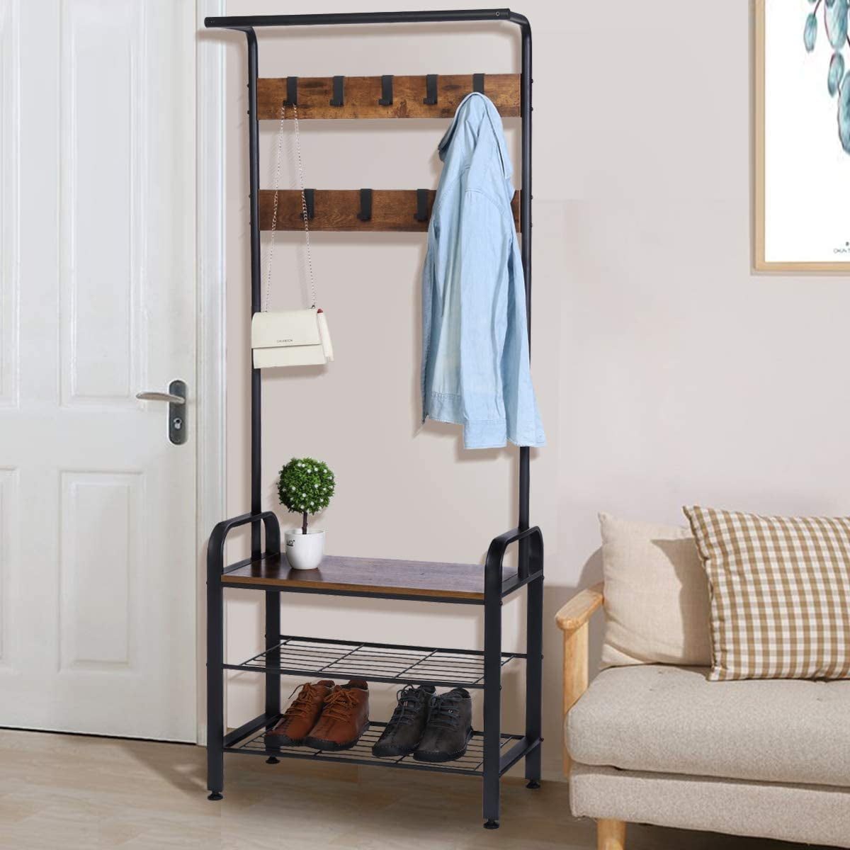 Entryway Coat Stand and Shoe Rack with Coat Hooks Hall tree Entry ...