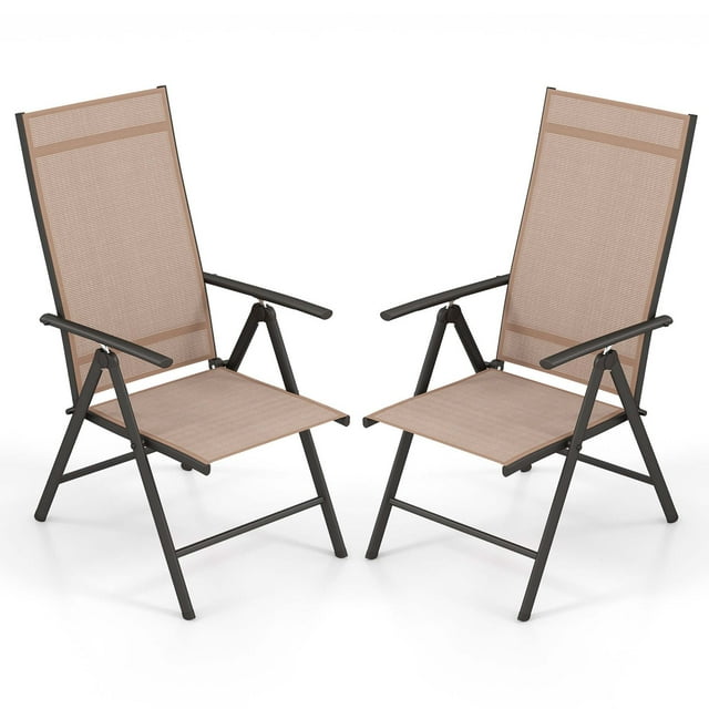 Costway 2 PCS Patio Folding Dining Chair with 7-Level Adjustable High Backrest for Garden Brown