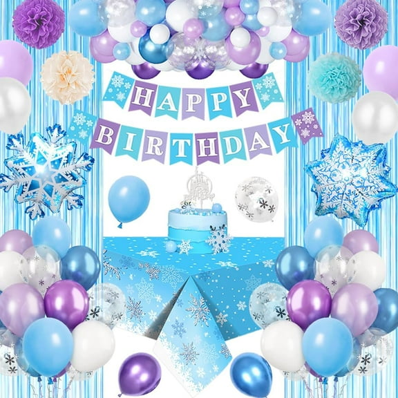 Frozen Birthday Decorations Girls, Princess Party Supplies with Purple Blue Balloon Arch, Banner, Tablecloth, Curtain, Cake Topper, Snowflake Foil Confetti Balloons