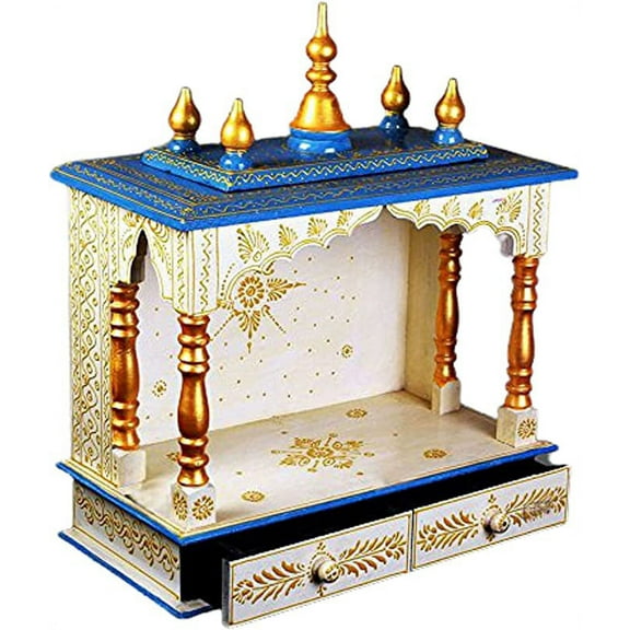 Wooden Temple Religious Home Temple, Pooja Mandir Indian Hindu Decoration Puja Cabinet Temple Bhagwan Wall Hanging Decor For Home Office Decor By KAMDHENU ART AND CRAFT. (White & Blue)