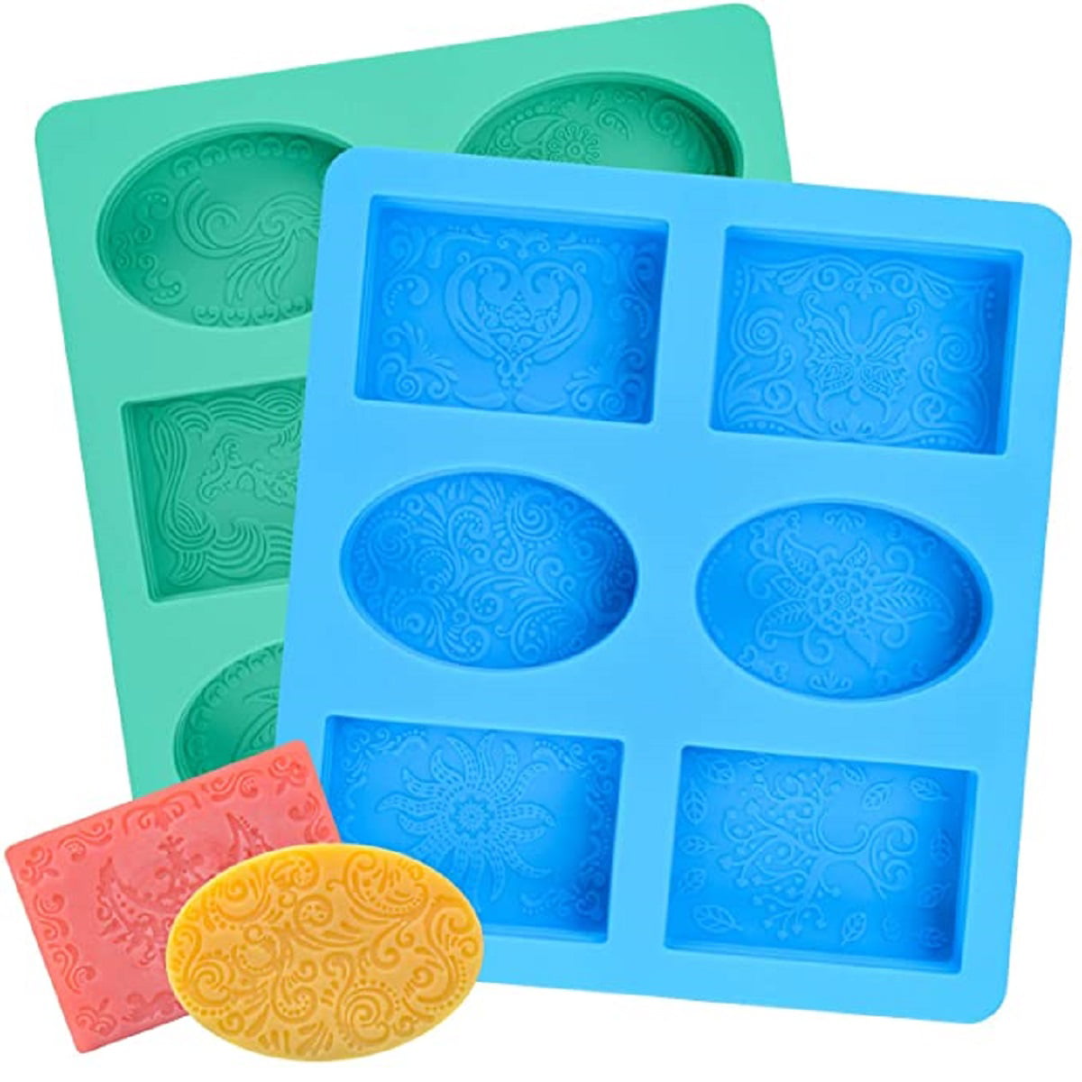 LERYKIN 2 Pack Silicone Soap Molds, 6 Cavities Rectangle Silicone Soap Molds, Great for Homemade Craft Soap Mold, Chocolate Mold, Cake Mold ＆ Ice Cube Tray - Just Pop Out（Blue 
