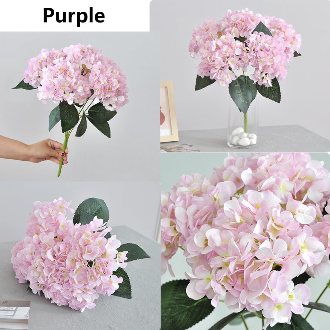Front Porch Hydrangeas, 17.7in 5 Heads Hydrangea Artificial Flowers Outdoor Uv-Resistant Waterproof Windproof Never Faded, Realistic Silk Faux Floral for Spring Wedding Yard Garden