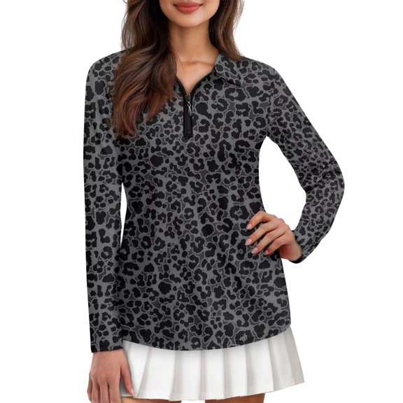 Uorisanigo Black Leopard Print Women's Dry-Fit Golf Polo Shirts Fashion Breathable Hiking Running Workout Tops Quarter Zip Athletic Tops for Tennis Hiking & Outdoor Sports