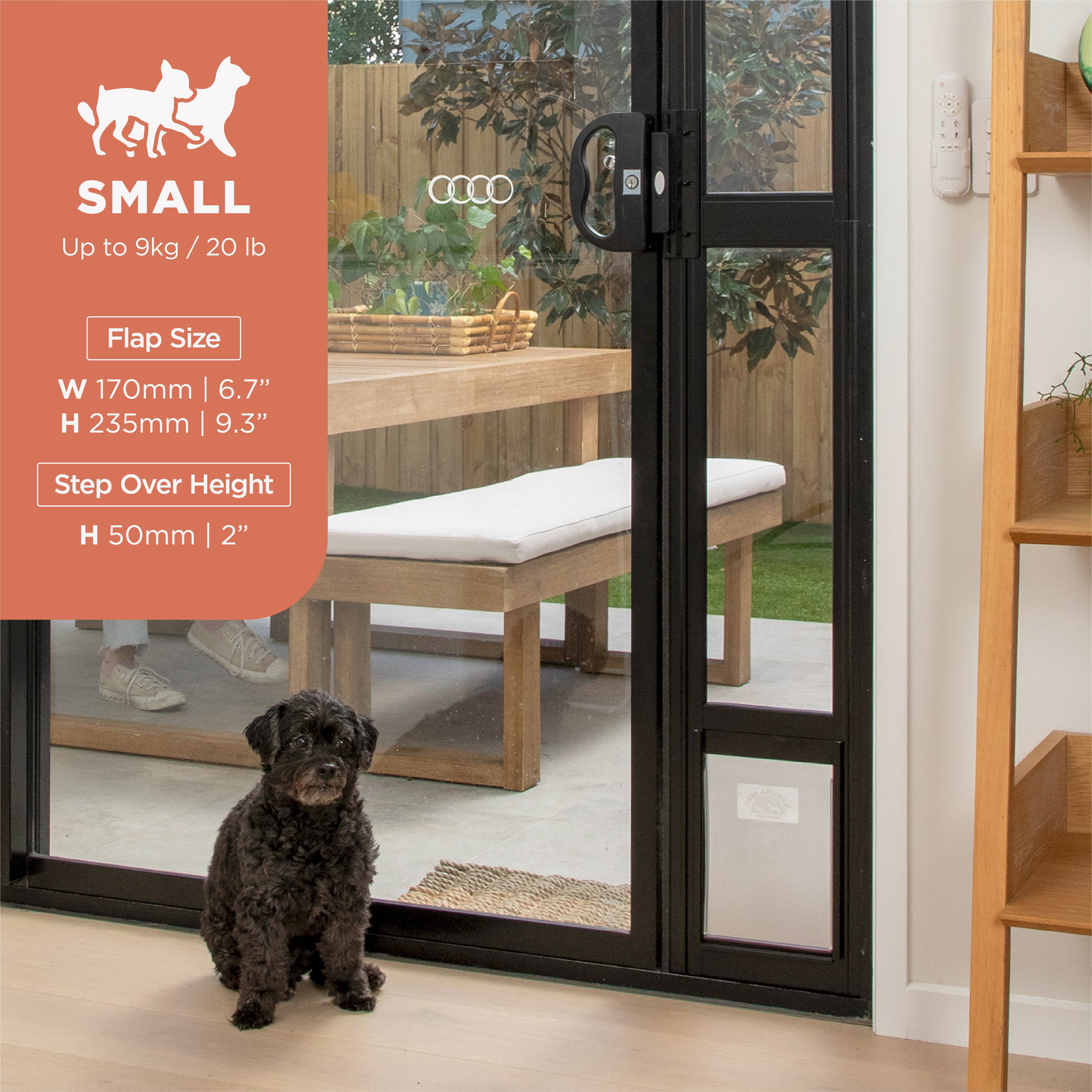 Hakuna Pets Small Black Glass Sliding Door Patio Pet Door, With Lockable Flap, Suitable for Most Sliding Doors, For Dogs & Cats