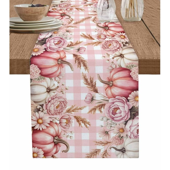 Pink Pumpkin Fall Table Runner 60 Inches, Plaid Thanksgiving Botanical Floral Checkered Bed Runner Dresser Scarves Tabletop for Indoor Outdoor Parties/Ceremony/Banquet, 13" x 60"