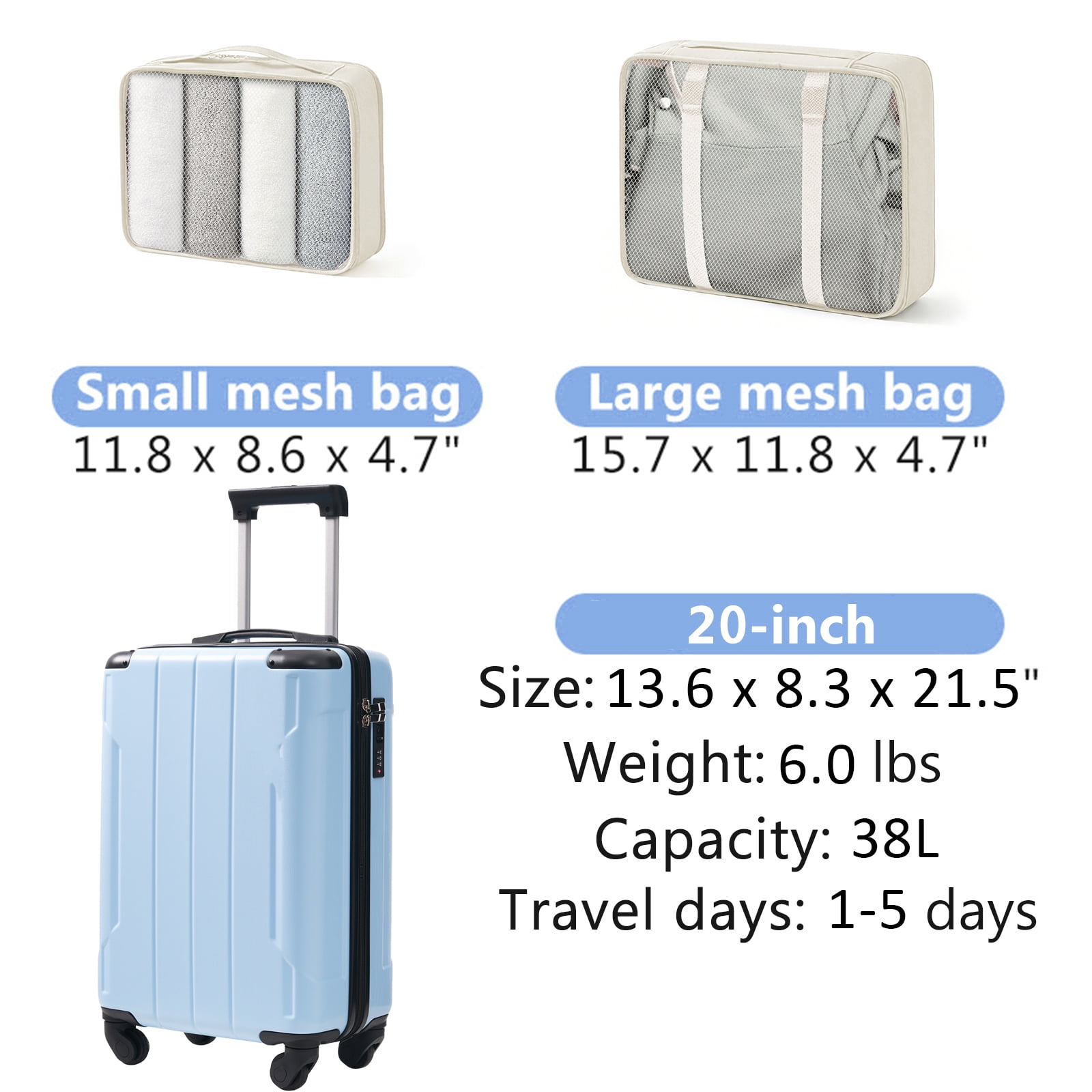 Euroco 3 Piece Luggage Sets,20" Hardshell Carry-On Luggage with 2 Packing Cubes,TSA Lock and Spinner Wheels,Lightweight Durable Suitcase Set for Men Women,Sky Blue