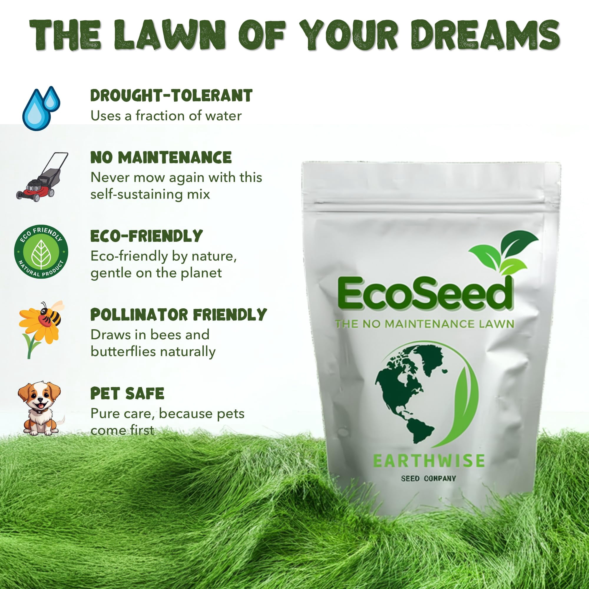 Earthwise EcoSeed Grass Seed Mix, Fine Fescue Blend, No Mow, Drought & Shade Tolerant Lawn Seed, 5 lb, Covers 1,000 Sq ft