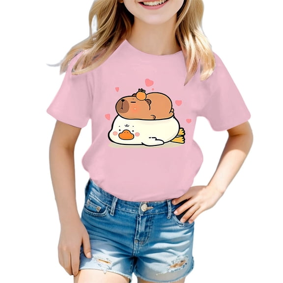 oqasdz Summer Boys Girls Round Neck Cartoon Animal Print Casual Loose Short Sleeve T Shirt Tee Tops, Size 8-10 Years