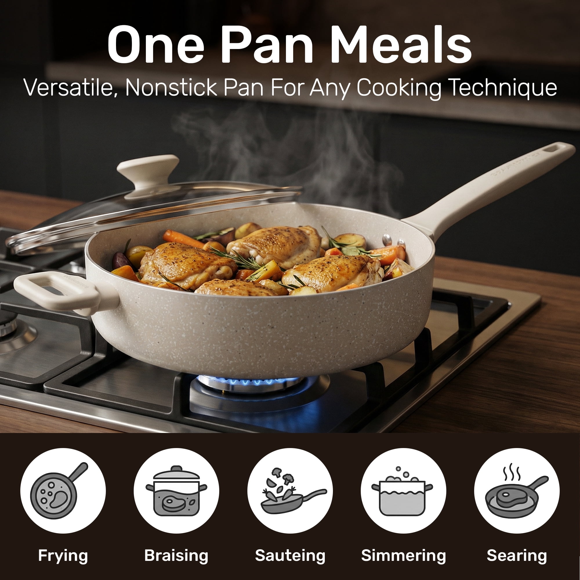 Granitestone 4Qt Saute Pan with Lid, 12 Inch Deep Frying Pan with Lid, Large Nonstick Skillet with Lid for Cooking, Oven Safe Skillet, Family Sized Frying Pans Nonstick, All in One Pan