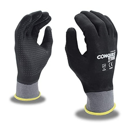 

12-Pack of Cordova 6930L Conquest Xtreme Work Gloves Premium Gray Nylon/Spandex Shell Full Black Foam Nitrile/Pu Coating Black Nitrile Dots Large