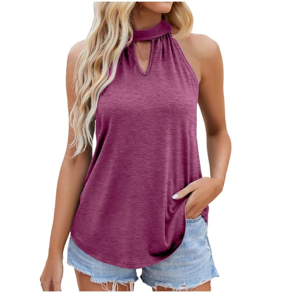 XFLWAM Halter Tank Tops for Women Summer Tops Keyhole Sleeveless Shirts Solid Color Loose Fit Blouse Purple L