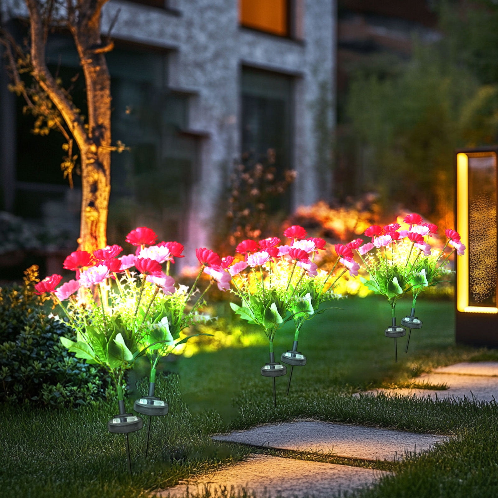Solar Garden Lights LED Colorful Waterproof Realistic Solar Powered Snow Lotuss Landscape Lights Automatic Lighting In Darkness for Pathway Patio Yard Garden Decor (Rose red + Pink)