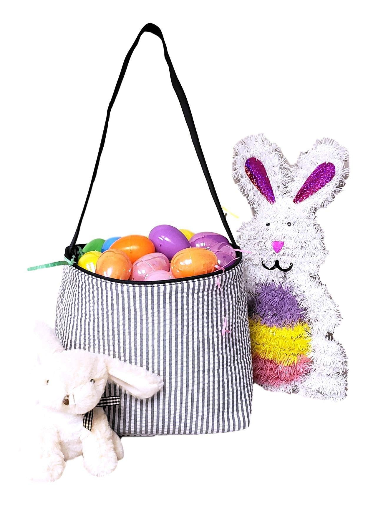 SONA G DESIGNS Seersucker Medium Fabric Easter Basket Bucket Tote Bag Black- No Embroidery