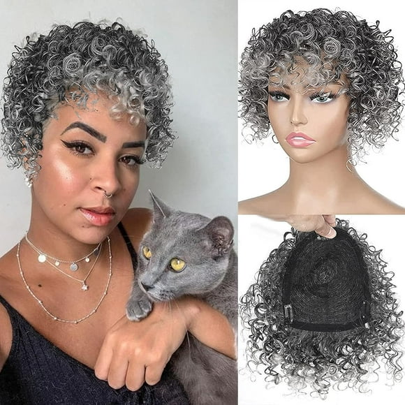 Qucyy Silver Grey Ao Curly Synthetic Hair Toppers Hair Pieces for Women, Hairpieces Toppers Pieces for Black Women With Thinning Hair Topper With Bangs(T1B\\/0906)