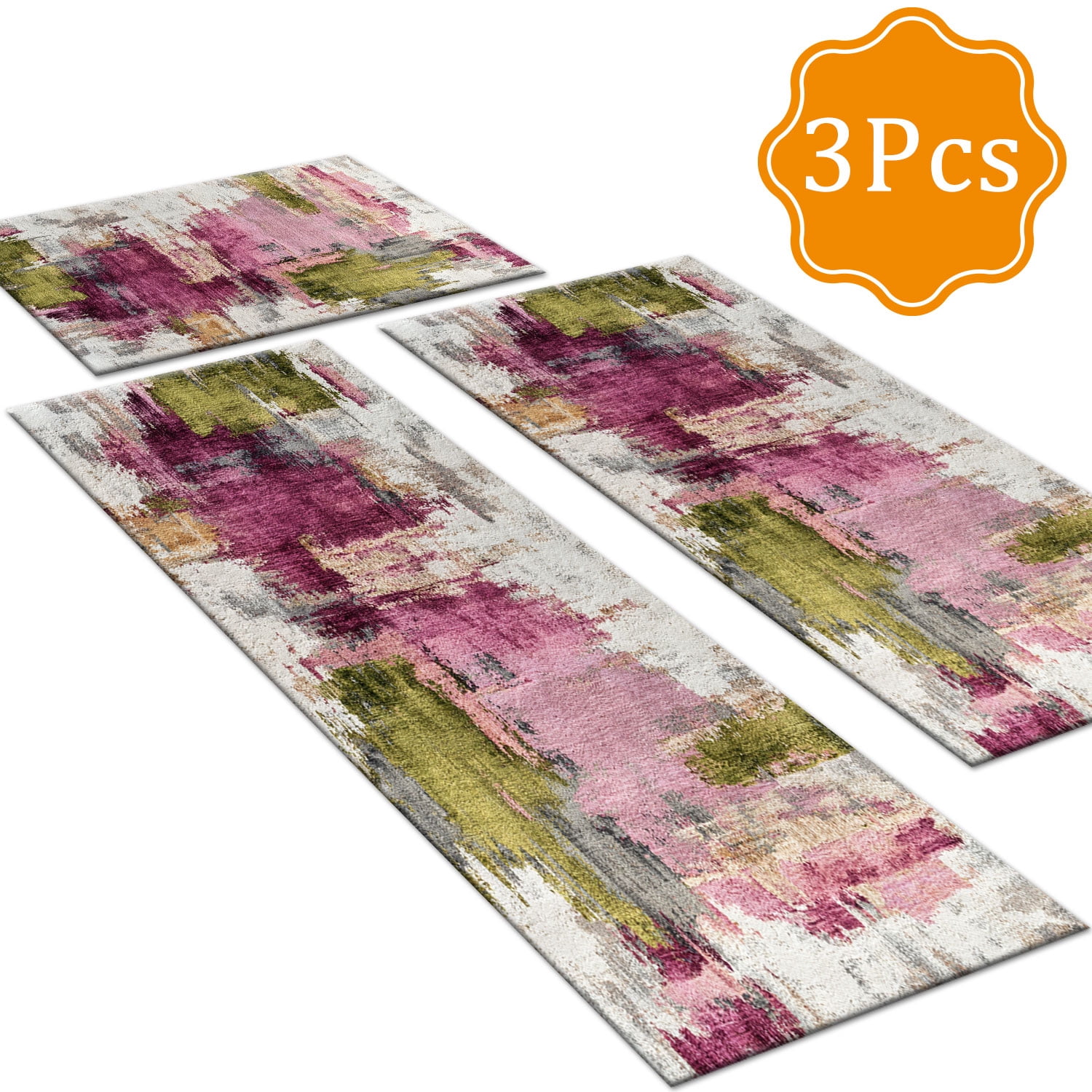 3 Piece Kitchen Rug Set, Non-Slip And Washable, Abstract Pattern Kitchen Hallway Rug, Soft And Comfortable, Suitable For Sinks, Floors, Entrances, Hallways and Bathrooms