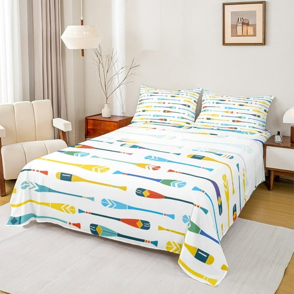 Manfei Colorful Paddle Queen Sheet Sets,Sailboat Ship Flat Sheet,Lake House Queen Fitted Sheet For Boys Girls,Breathable Home Decor,4 Pieces