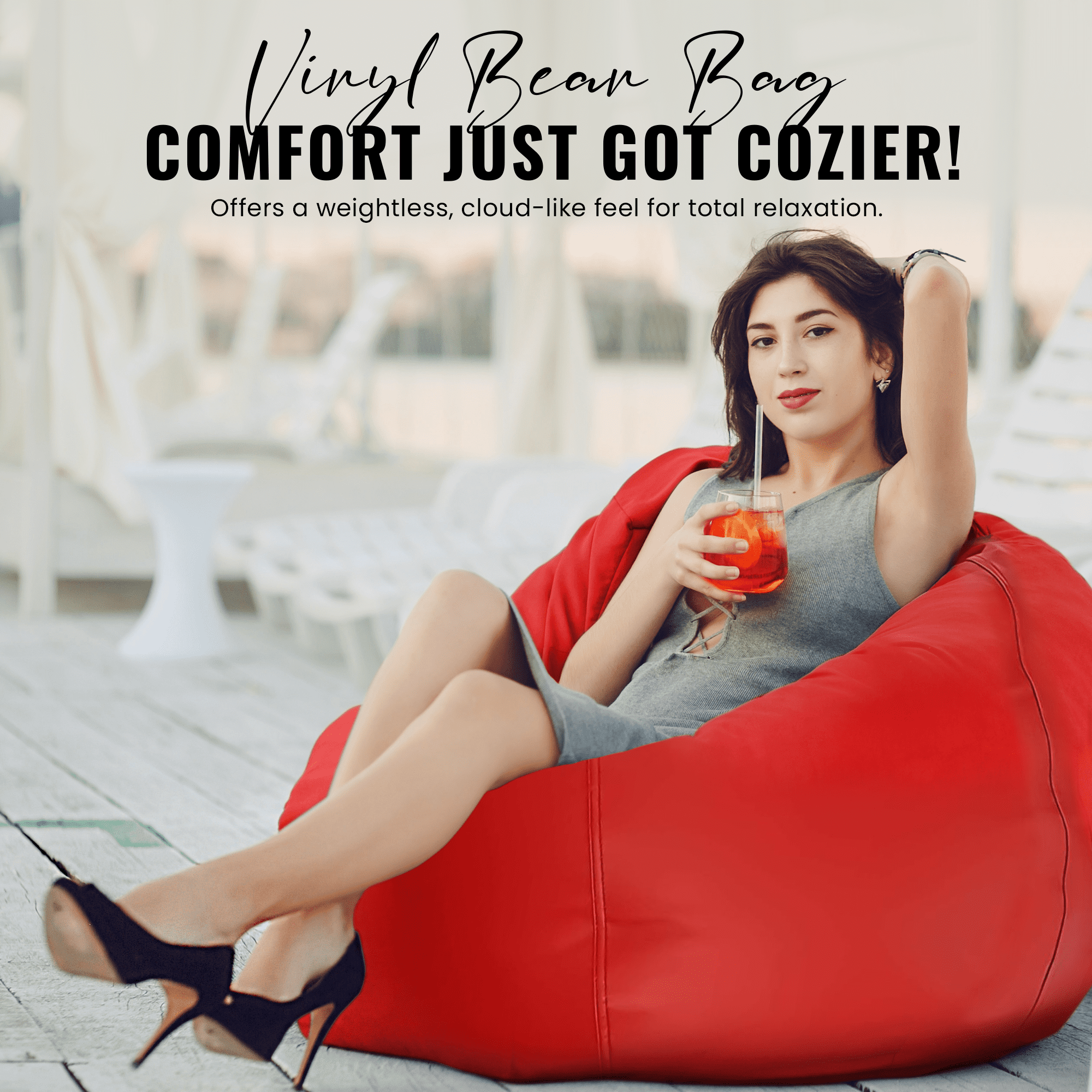 Vinyl Marine Boat 33x31x20" Bean Bag Chair Cover - Retro Style Weatherproof Lazy Sofa Cover for Kids and Adults - Washable Bean Bag Cover without Fill, Black