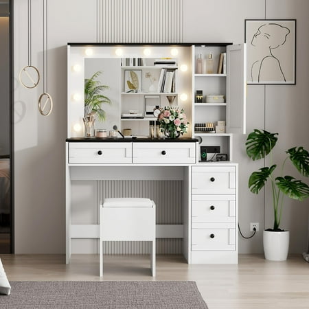 Makeup Vanity Set with Lighted Mirror & Charging Station 5 Drawers 3-Tier Cabinet Upholstered Stool Wooden Dressing Table for Bedroom White