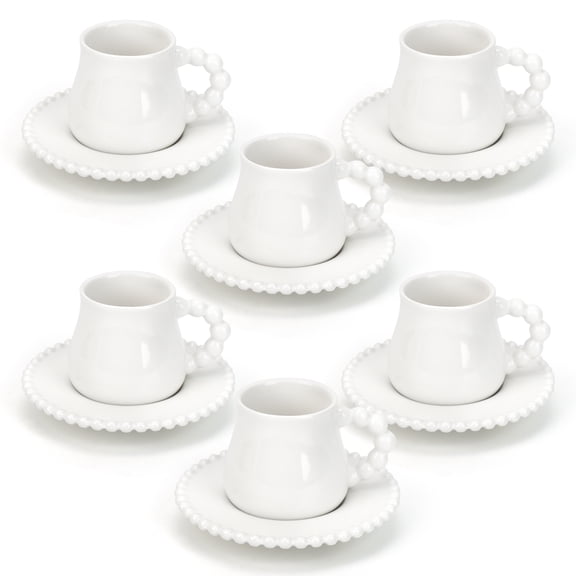 White Tea Cups and Saucers Set of 6 (3.2 oz/100ml), Porcelain Coffee Tea Cup Set  Elegant Bead Trim Design, Dishwasher Safe, Coffee Cup Gift Set