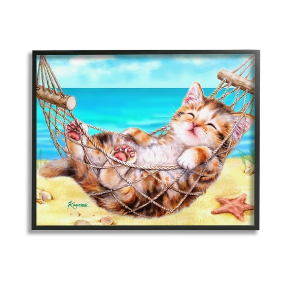 Stupell Industries Kitten in Beach Hammock Animals & Insects Painting Black Framed Art Print Wall Art, 14 x 11