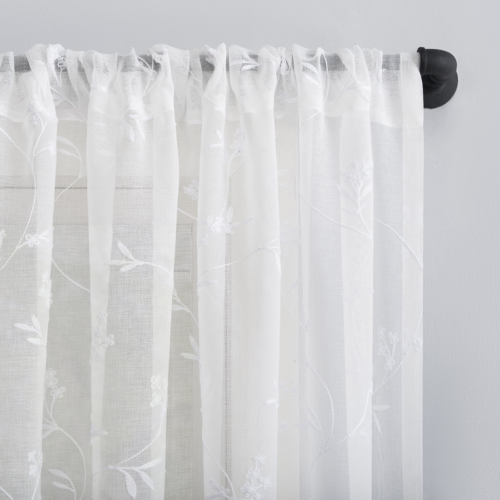 No. 918 Delia Embroidered Floral Sheer Rod Pocket Curtain Valance, 50"x17", Ivory