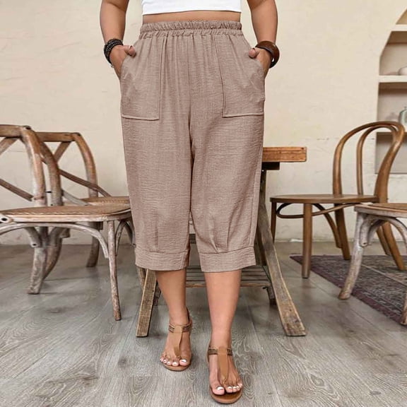 Kinrui Womens Summer Capris Casual Elastic Waist Tapered Pants Summer Crop Lounge Trousers with Pockets Khaki 2XL