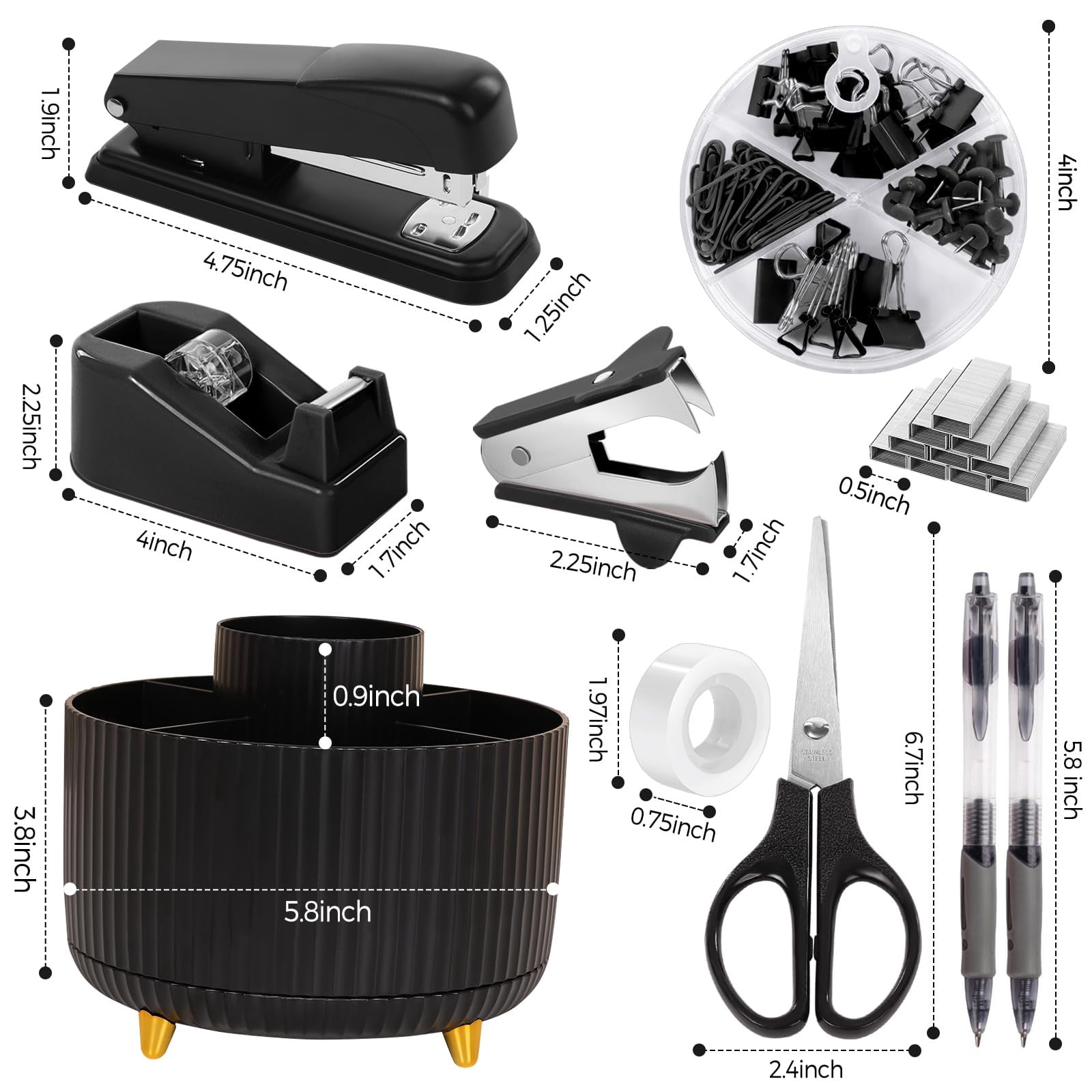 Black Office Supplies  Desk Accessories 10pcs Pencil Holder For Stapler Tape Dispenser Ruler Clips And 1000pcs Staples Set