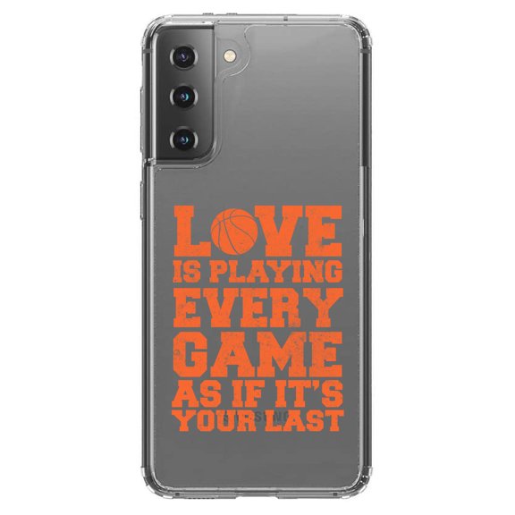 DistinctInk Clear Shockproof Hybrid Case for Galaxy S21  PLUS 5G (6.7" Screen) - TPU Bumper Acrylic Back Tempered Glass Screen Protector - Love is Playing Every Game As If It's Your Last