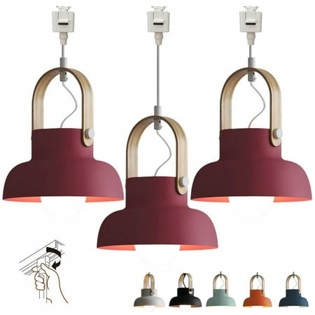 

FSLiving Customizable Iron Pendant Light J-Type Track Light Pendants 3.2 ft Cord Macaron Industrial Light Dimmable Wooden Track Mount Pendant Lighting Fixtures Bulb Not Included - 3 Lights (Red)