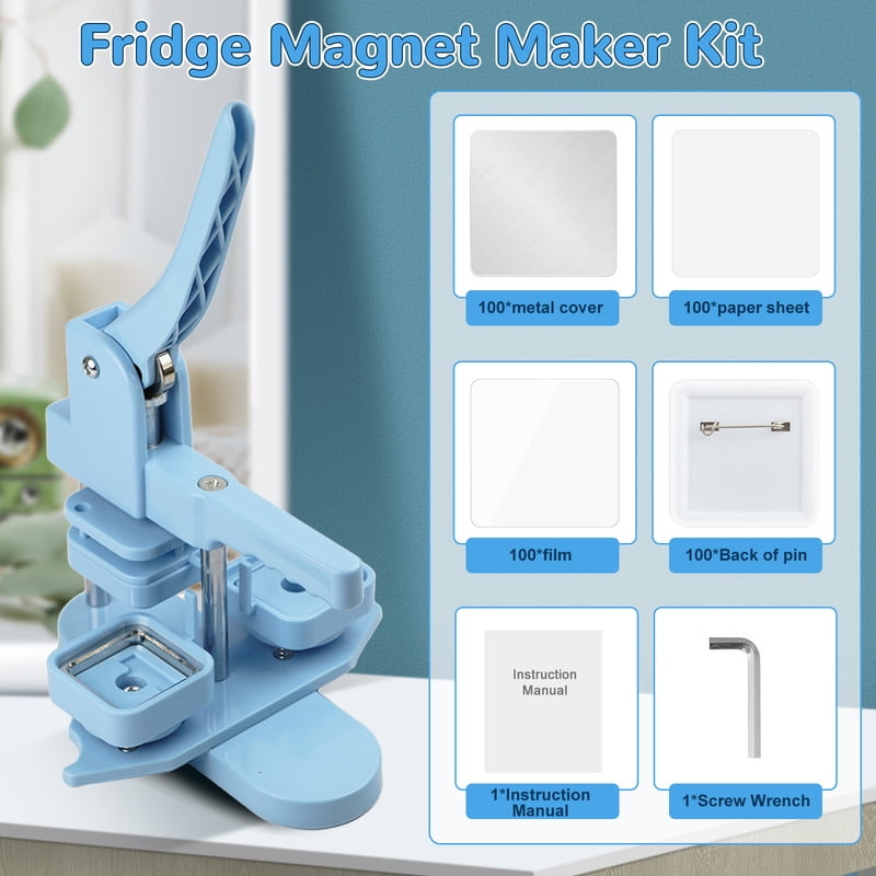 Square Button Maker Machine with 100 Sets of Button Supplies Parts, 50 * 50mm Hand Press Pin Badge Making DIY Craft Items, Light Blue
