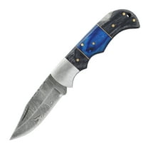 TheBoneEdge 6.5" Damascus Blade Folding Knife Black & Blue Wood Handle With Pouch