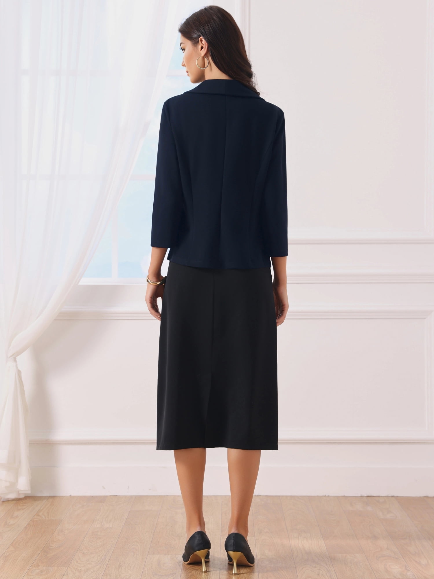 DARING DIVA Women's Open Front Lightweight Cardigan Shawl Collar Blazer L Dark Blue