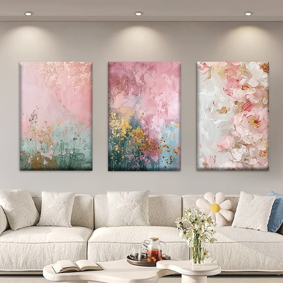 3pcs Frameless Canvas Painting - Soft Pink, Green, White, Golden Floral Abstract Wall Art in Pastel Tones, Modern French Country Bohemian Decor for Living Room, Bedroom, Office - Perfect Housewarmin